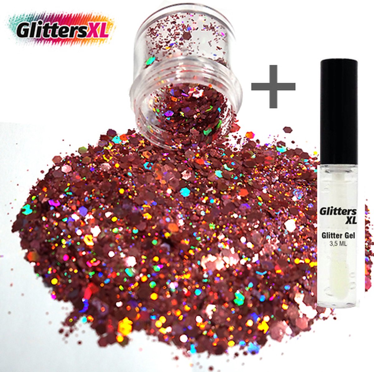 GlittersXL - Chunky Glitters (Rose Goud) (Volume 8g) + Glitter Huid Lijm [Festival Makeup Gezicht Lichaam - Face Body Glitter - Biologisch afbreekbaar - Versiering Dames Volwassen Kinderen]